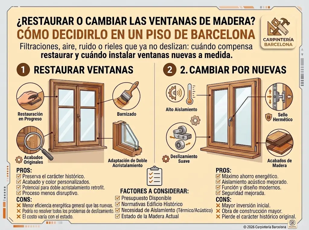 Restaurar o cambiar las ventanas de madera de un piso de Barcelona